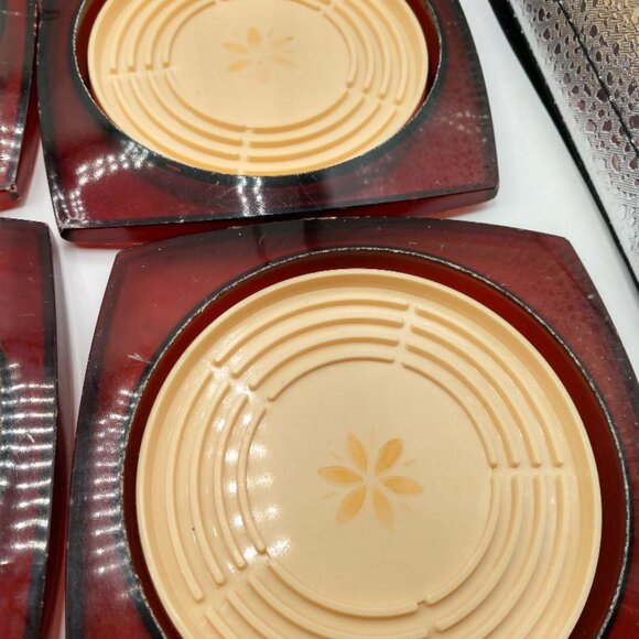 MCM Vintage Coasters set of 8 W/Metal Stand Plastic Amber with Cream Center - Picture 8 of 14